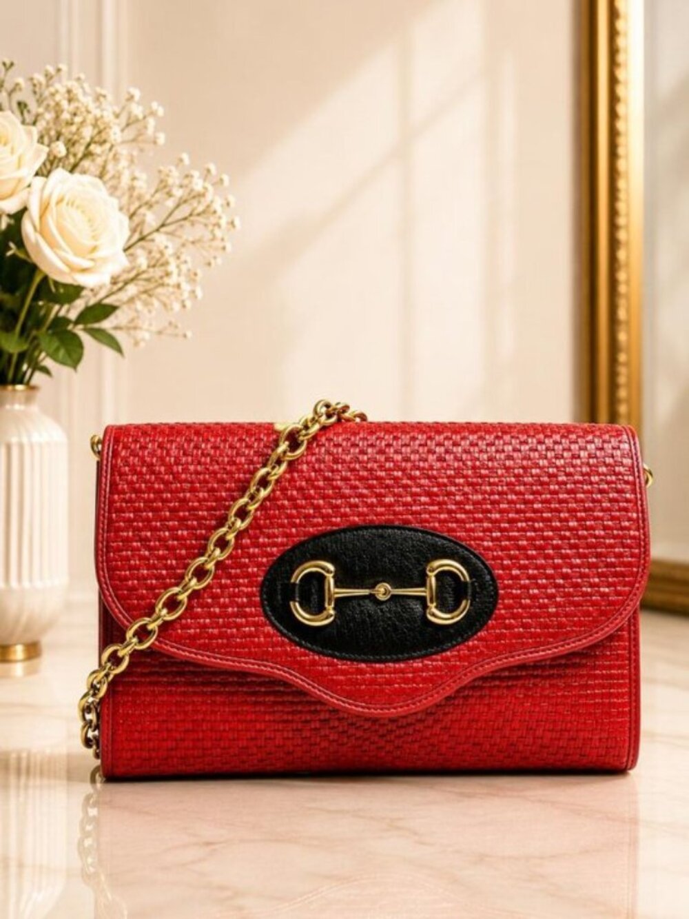 Authentic Gucci Zumi Red Raffia Leather Chain Wallet Clutch Crossbody Bag